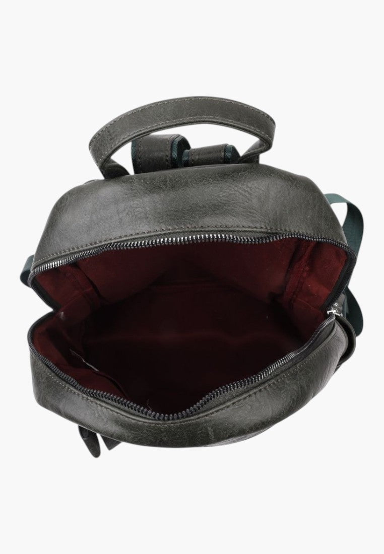 Falio green faux leather urban backpack with open top zipper and spacious interior, top view