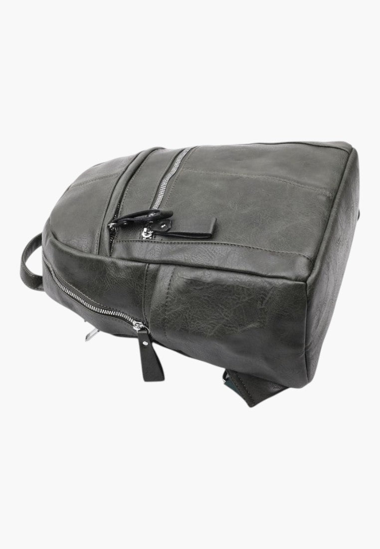 Falio green faux leather urban backpack with multiple zippered compartments and a spacious 16L capacity.