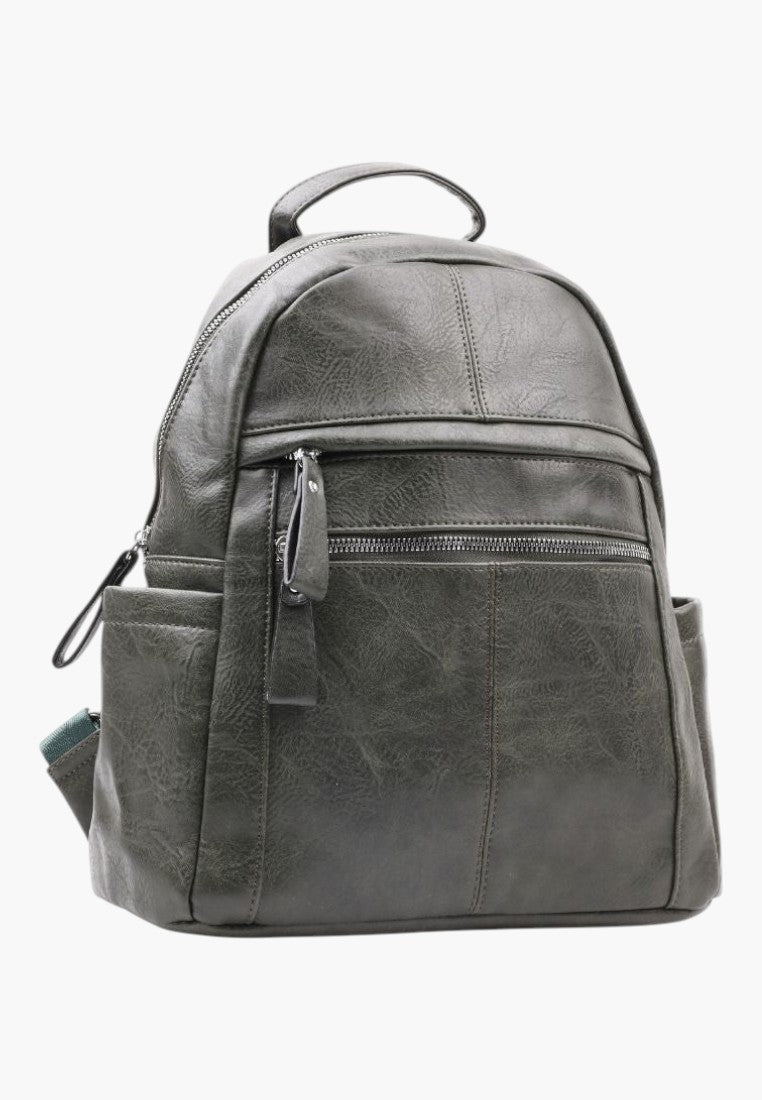 Falio green faux leather urban backpack with multiple zippered pockets and spacious A4 capacity for daily use
