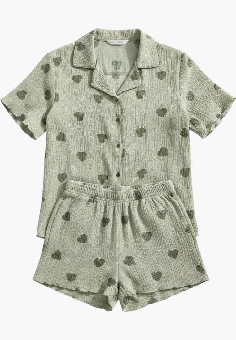 Falio sage green 100% cotton pajama set with heart print, collared short-sleeve top and shorts.