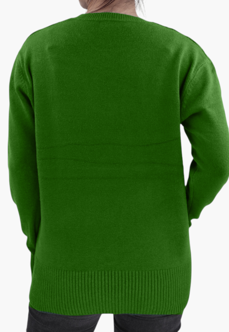 Back view of a Falio green pullover sweater with a round neckline, long sleeves, and ribbed hem on a model.