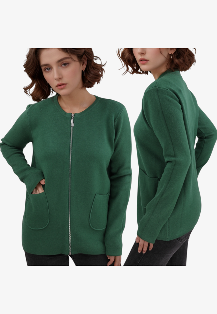 Falio plus size green viscose sweater with a round neckline, long sleeves, front zipper, and two side pockets.