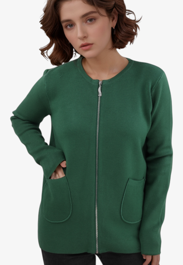 Falio plus size green viscose sweater with a round neckline, long sleeves, front zipper, and two side pockets.