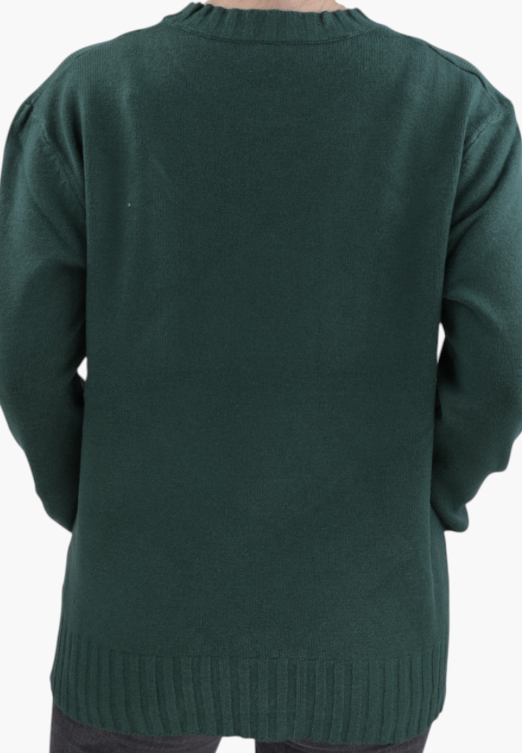 Falio women's classic green wool-blend sweater with a round neck and ribbed cuffs, back view.