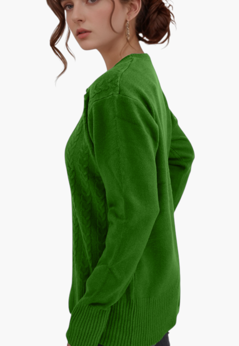Falio women's green wool-blend pullover sweater with a round neck and cable knit detail worn by a model