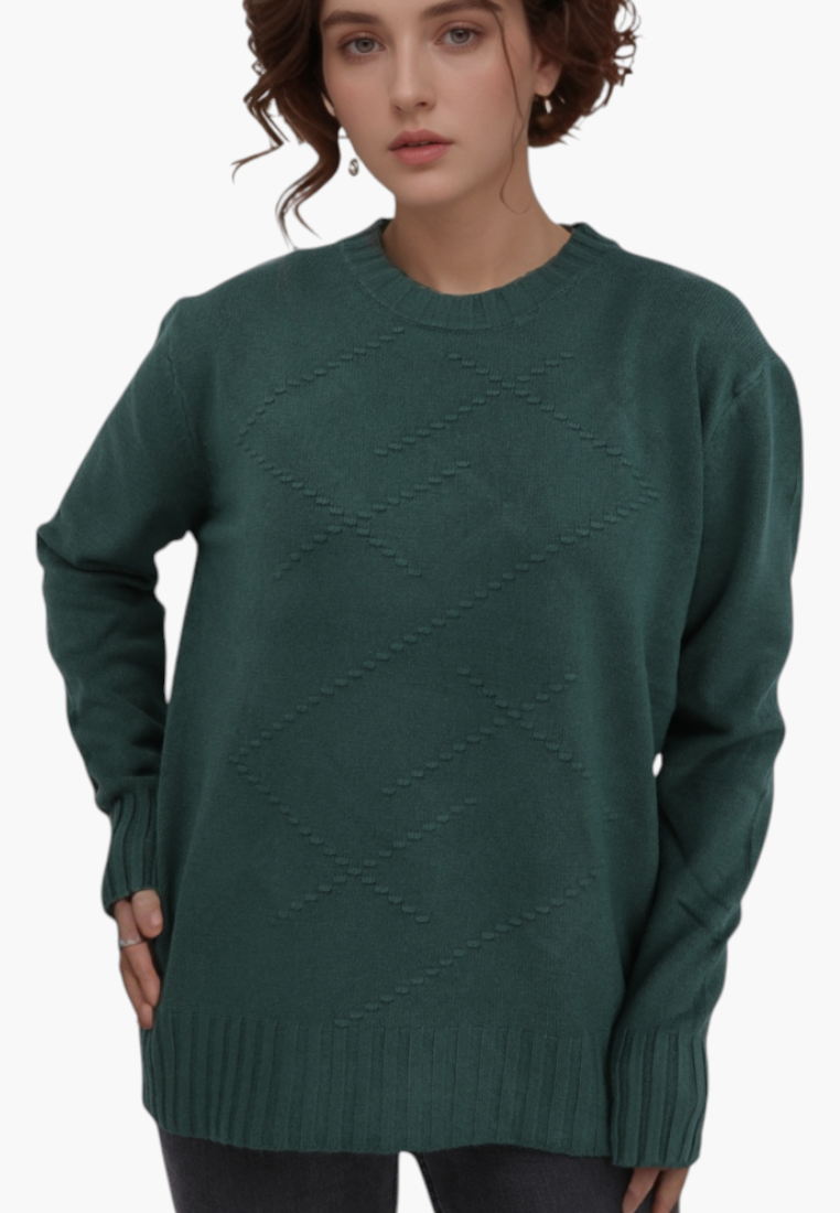 Falio green wool-blend sweater with a classic crew neck and subtle diamond-patterned texture on a female model
