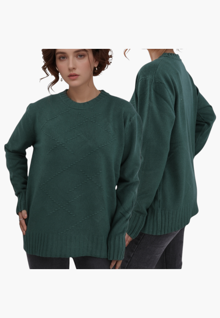 Falio green wool-blend sweater with a round neck, long sleeves, and subtle diamond-patterned texture.