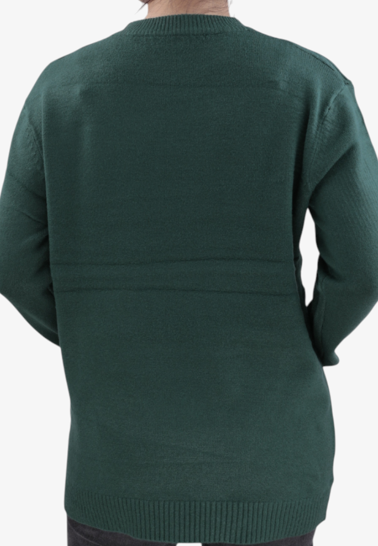 Back view of a Falio green wool and cashmere blend sweater with a round neckline and ribbed hem.