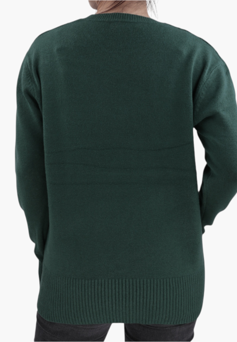 Falio women's green wool and cashmere blend sweater with a round neckline and long sleeves, back view.