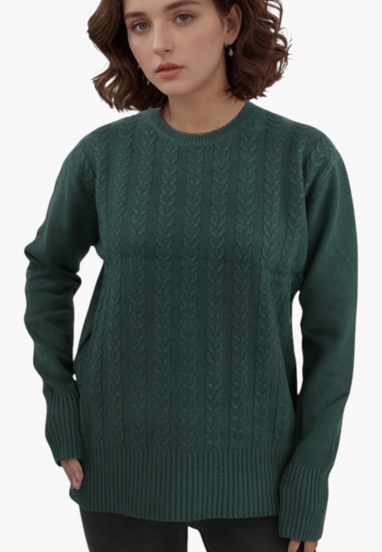 Falio women's green wool and cashmere blend sweater with a round neckline and cable knit texture on a model