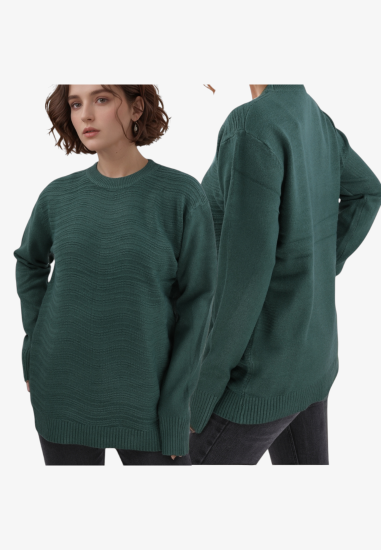 Falio women's green wool and cashmere blend sweater with a round neck and textured wave pattern