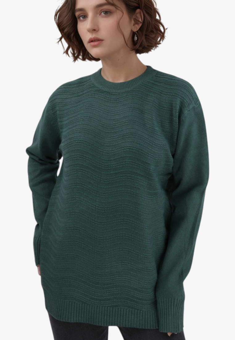 Falio green wool and cashmere blend sweater with a textured wavy pattern and round neckline worn by a woman
