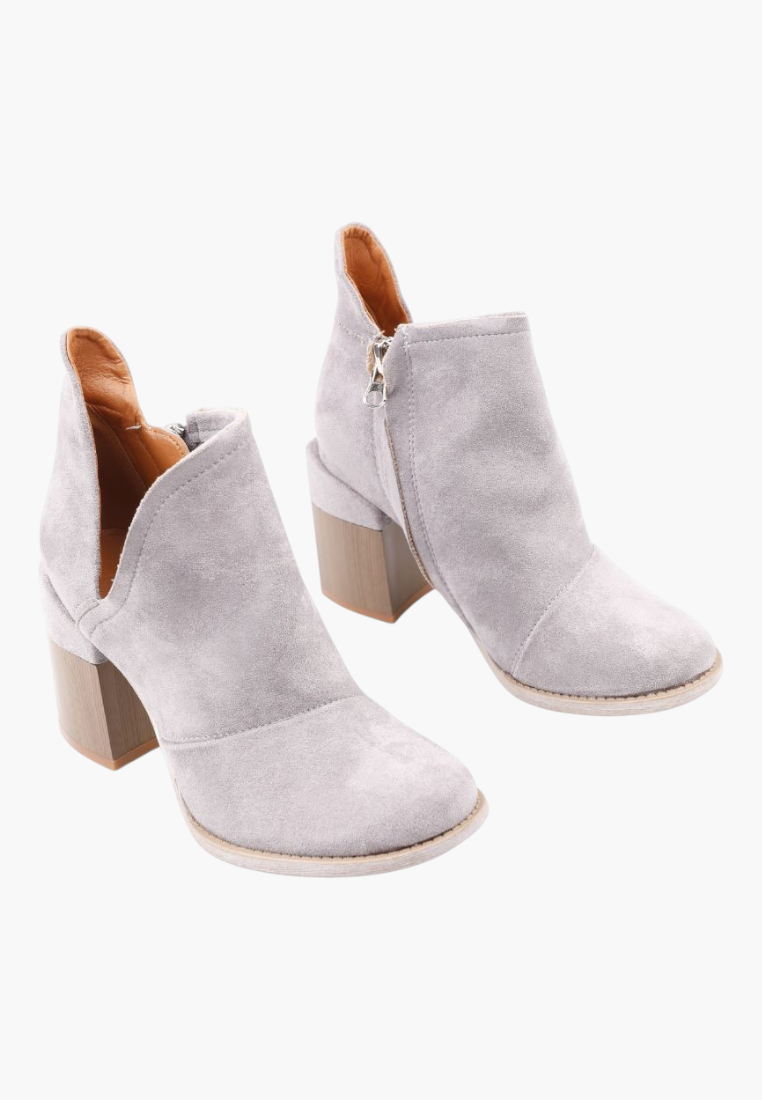 Falio grey faux suede ankle boots with a block heel and side zipper closure, featuring a comfortable round toe.