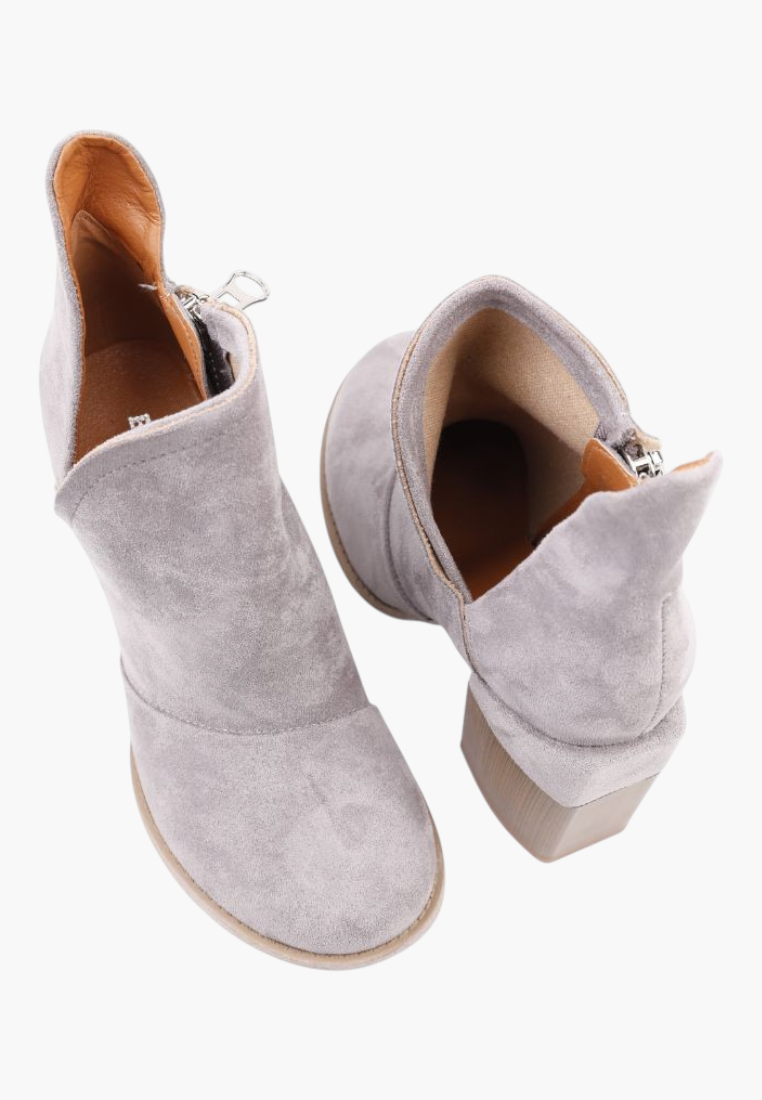 Falio grey faux suede ankle boots with a block heel, round toe, and side zipper closure for women.