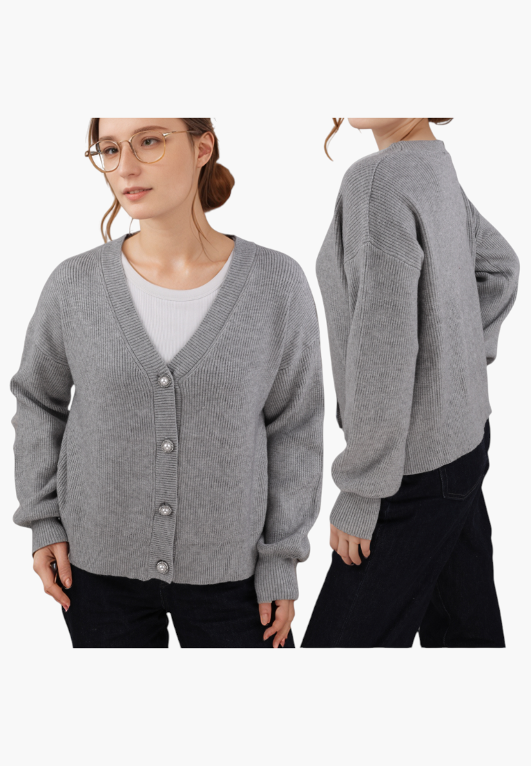 Falio grey V-neck button-up cardigan sweater on a model, featuring long sleeves and a classic ribbed knit design.