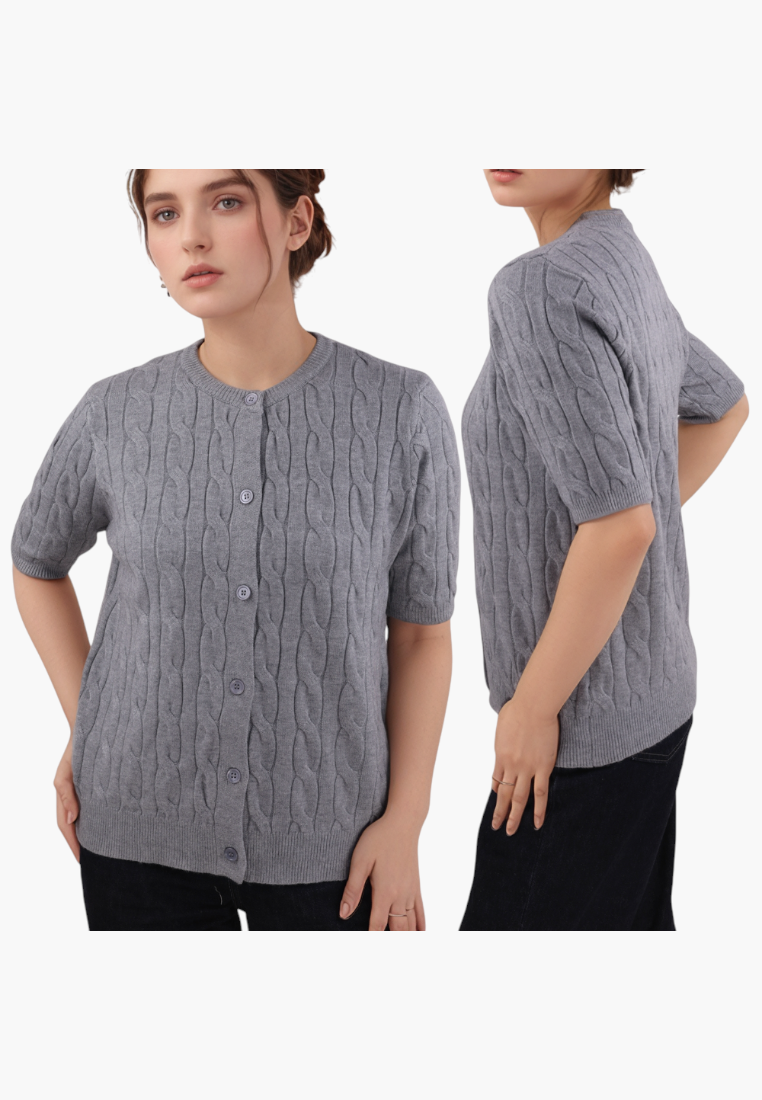 Falio grey cable knit button-up cardigan with short sleeves and a round neckline worn by a model