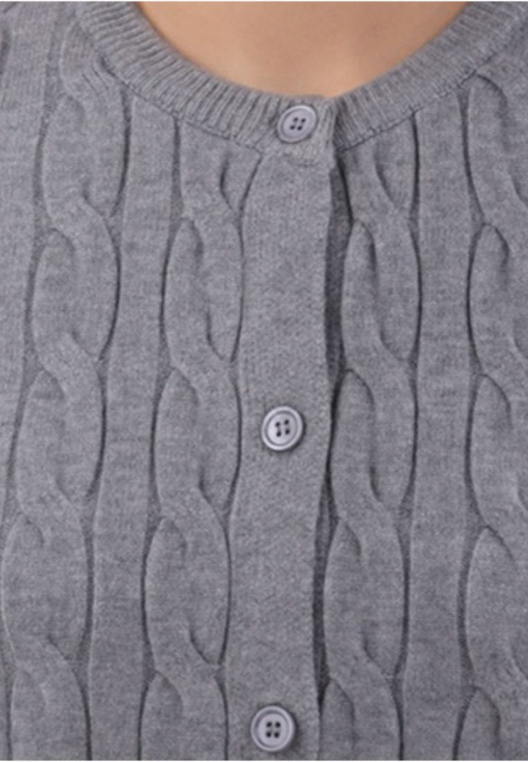 Falio grey cable knit cardigan with a round neckline and button-up front made from a soft viscose blend
