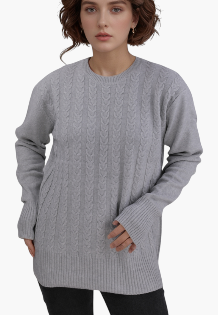 Falio grey cable knit sweater with round neck and long sleeves worn by a woman