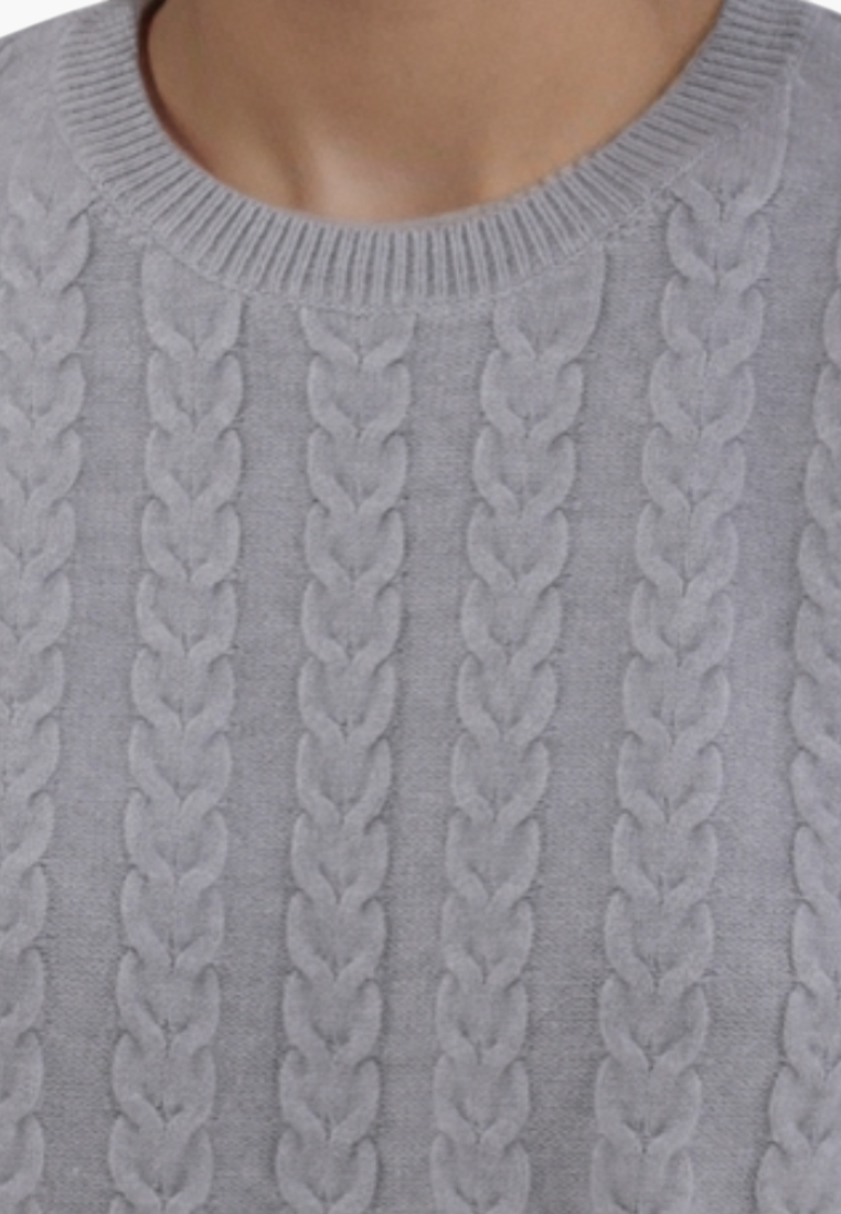 Falio grey wool and cashmere blend sweater with a classic round neckline and vertical cable knit pattern