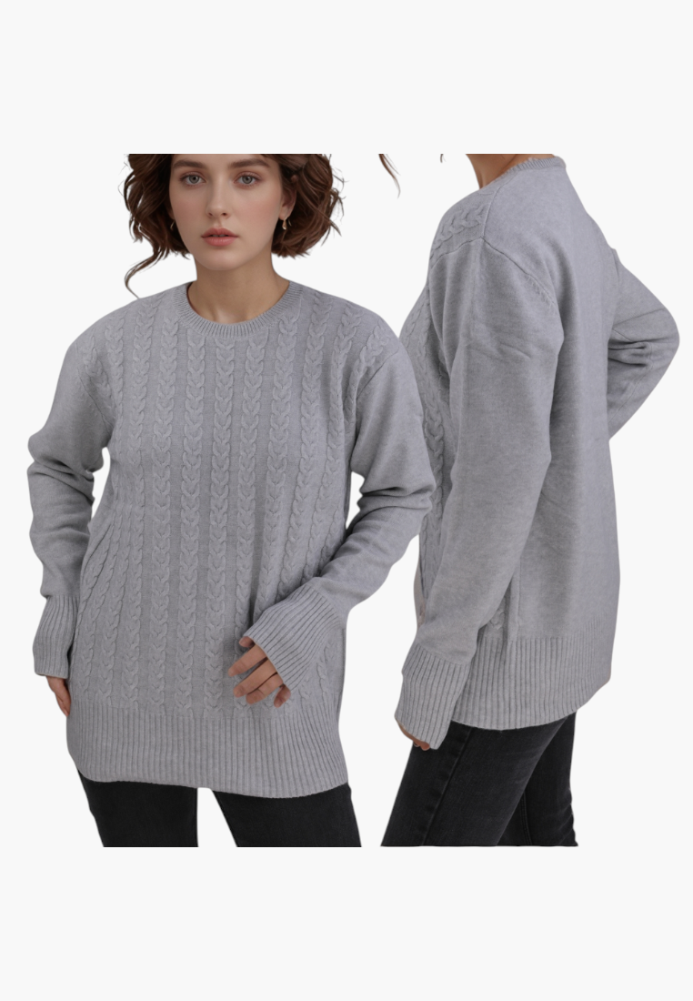 Falio grey cable knit sweater with round neck and long sleeves worn by a model, featuring a soft wool blend fabric.