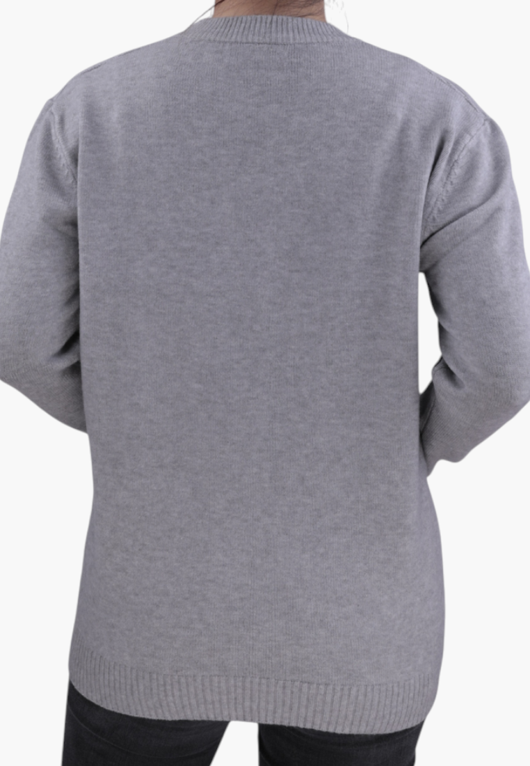 Back view of a Falio grey cashmere blend sweater with a round neckline and long sleeves on a model