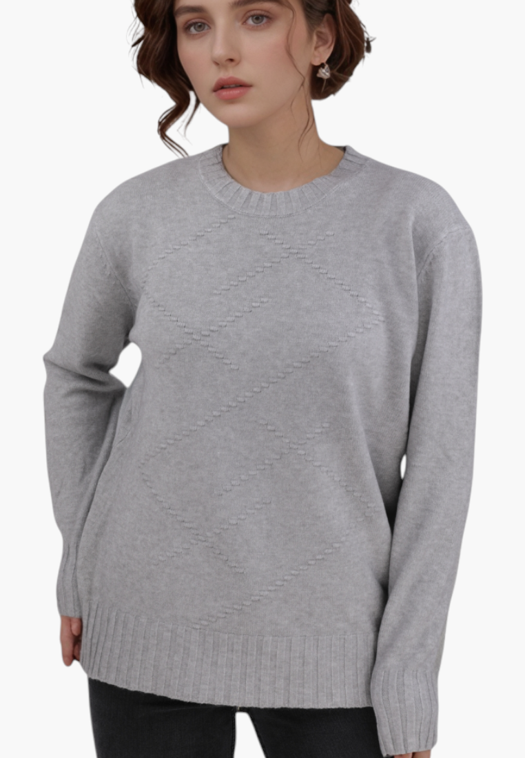 Model wearing a Falio grey wool and cashmere blend sweater with a round neckline and subtle diamond pattern texture.