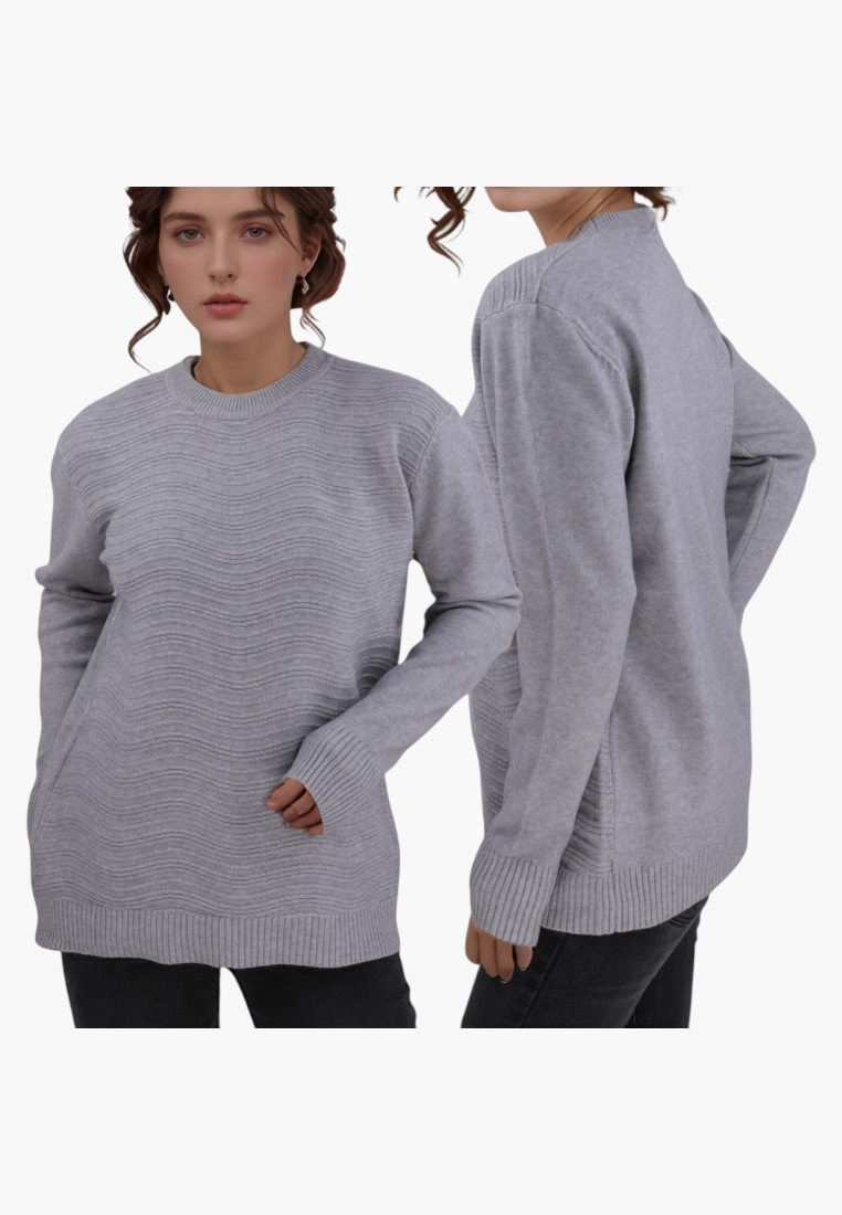 Falio grey cashmere blend sweater with a round neck and textured wavy pattern worn by a model