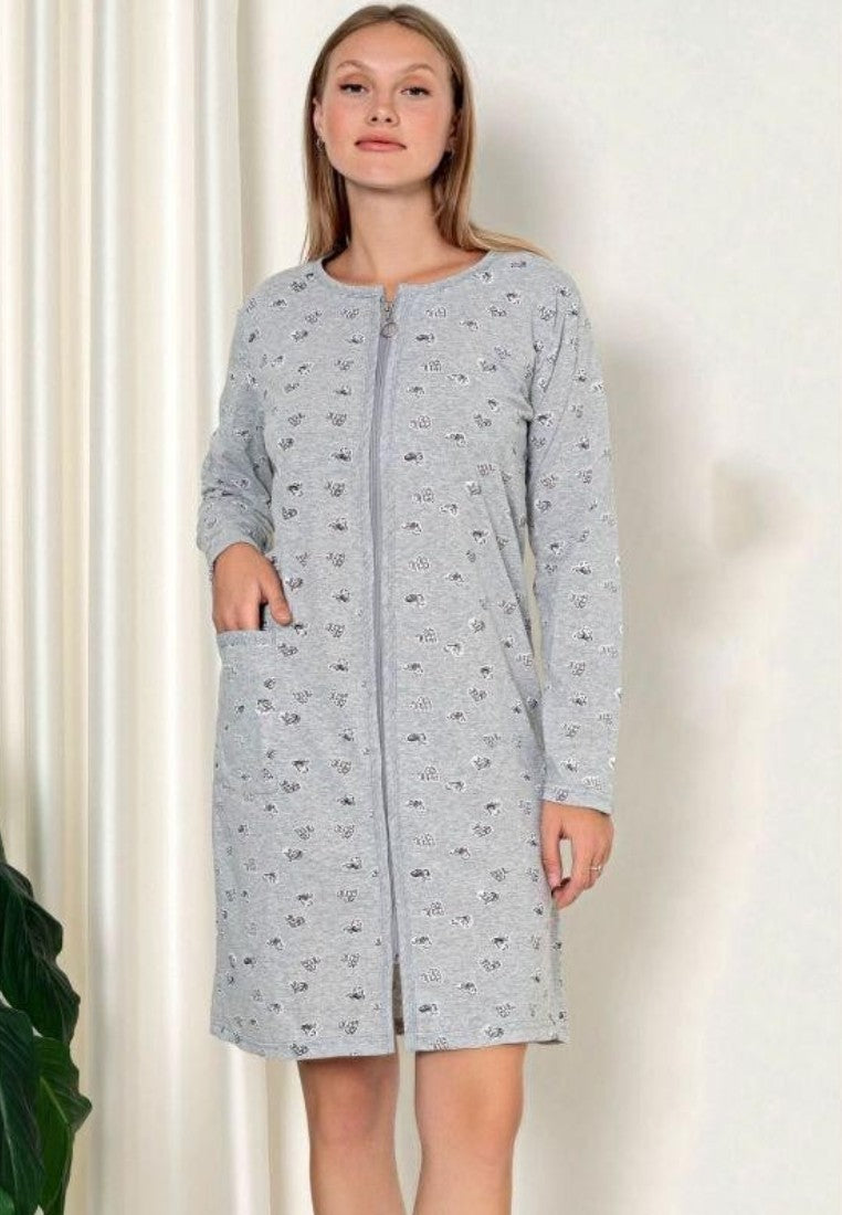Falio women's grey cotton bathrobe with small floral print, long sleeves, front zipper, and side pockets