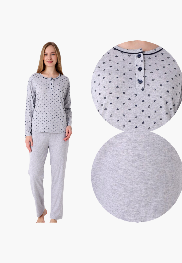 Falio women's grey cotton pajama set with long sleeves, round neckline, button placket, and small heart pattern