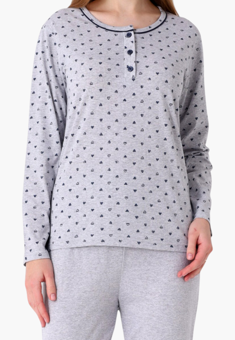 Falio women's grey cotton pajama set with long sleeves, round neckline, and a small dark heart print pattern.