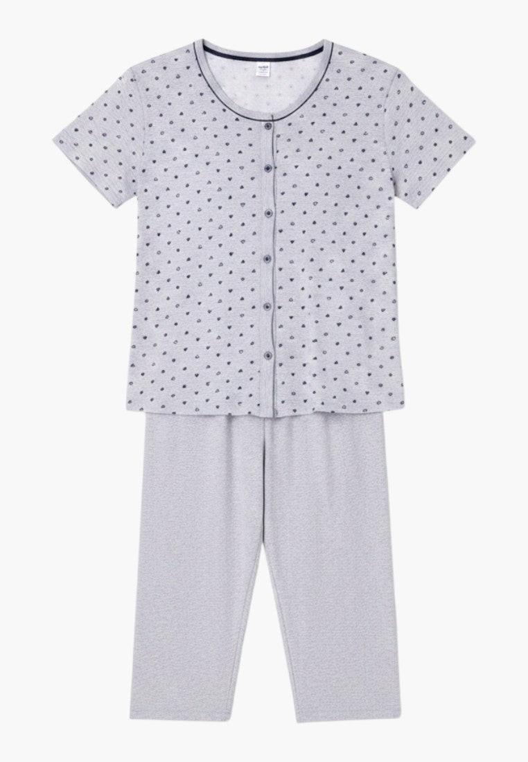 Falio women's grey cotton pyjama set with short sleeves, round neck, button-up top with heart print, and 3/4 length capri pants.