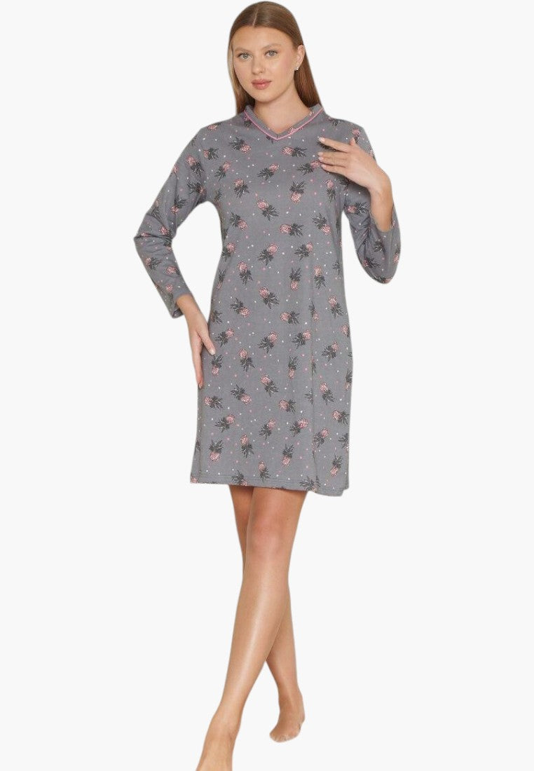 Falio women's grey cotton nightgown with long sleeves, round neckline, and a cute pineapple print pattern.