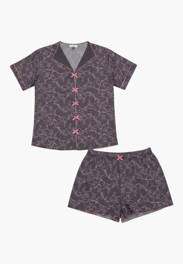 Falio women's grey 100% cotton pajama set with pink branch print and bow details. Short sleeves, V-neck top, and shorts.