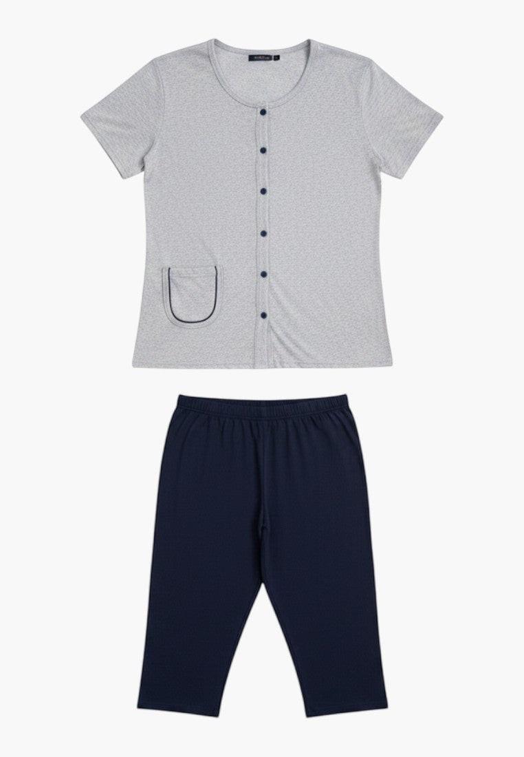 Falio grey 100% cotton plus size women's pajama set with navy blue 3/4 pants and short sleeve button-up top.