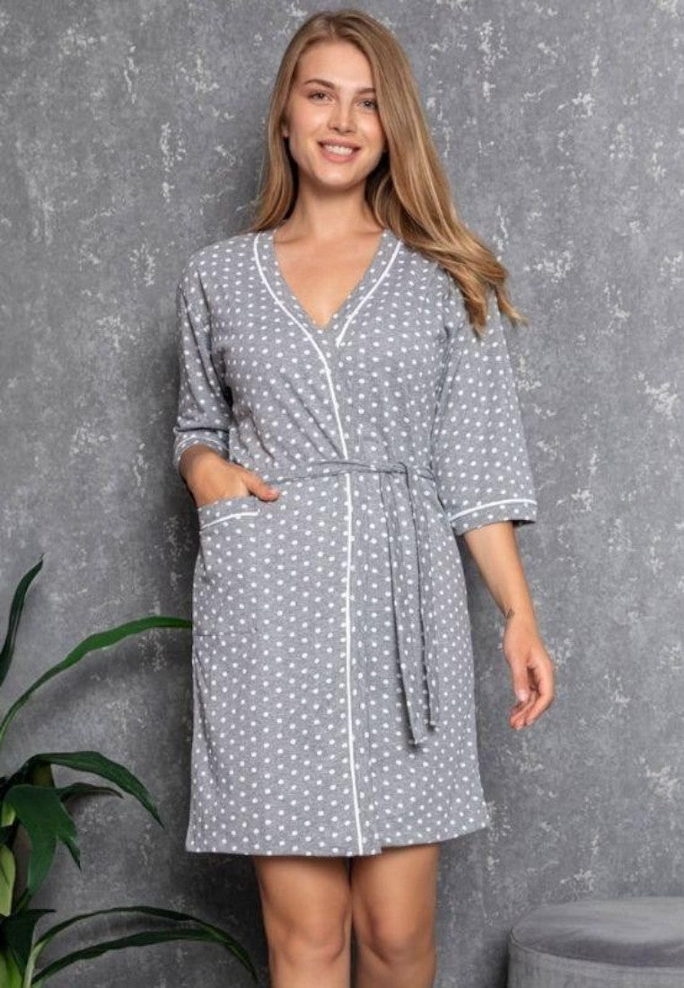 Falio women's grey cotton robe with white polka dots, short sleeves, pockets, and a tie waist.