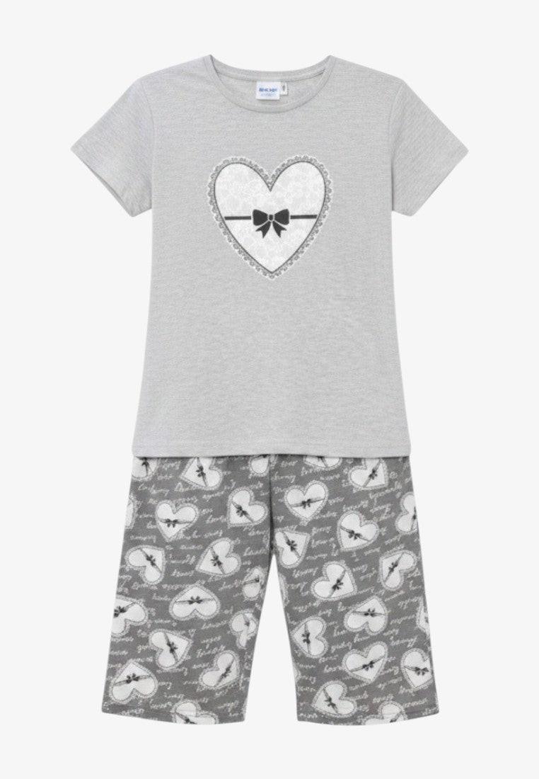 Falio grey cotton pyjama set with short sleeves and 3/4 length bottoms, featuring a heart print and a bow detail on the top.