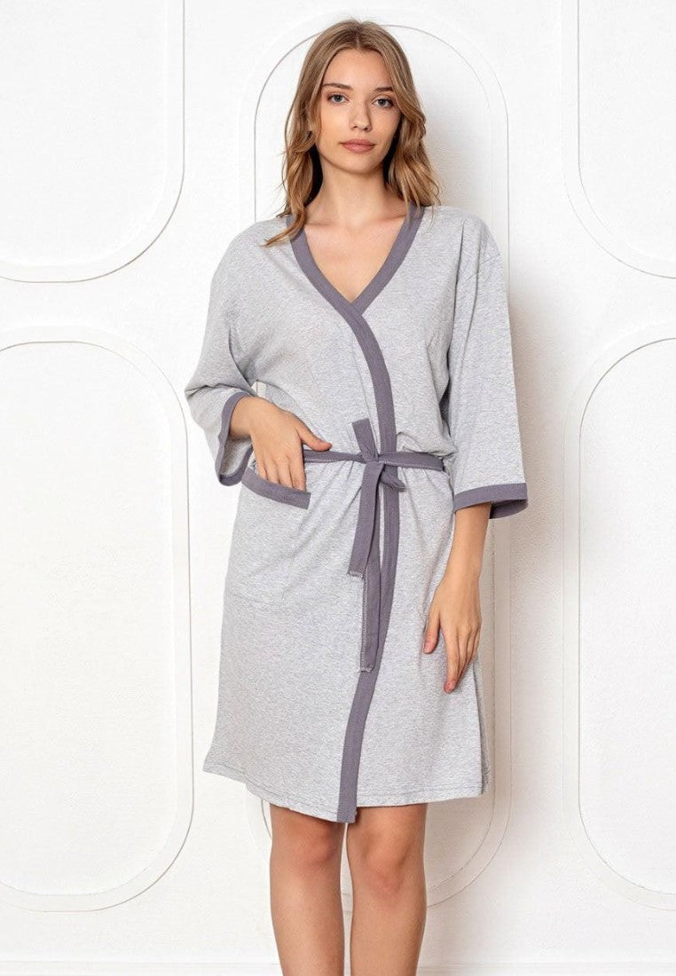 Falio women's grey cotton robe with 3/4 sleeves, tie waist, and pockets, worn by a model against a white background.