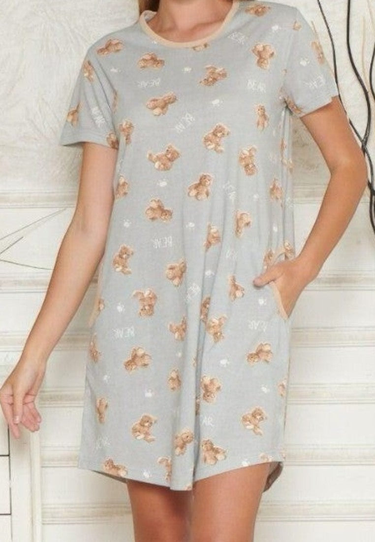 Falio plus size cotton nightgown in grey with a cute teddy bear print, short sleeves, and a round neckline.