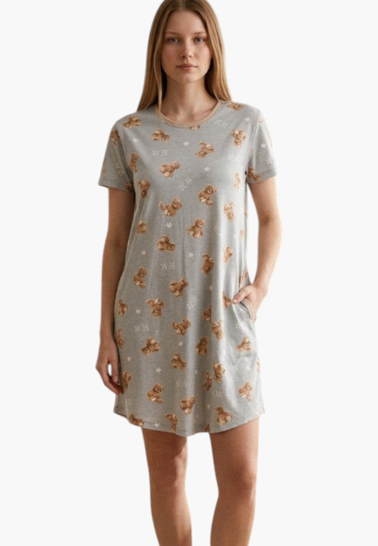 Falio plus size cotton nightshirt in grey with a cute teddy bear print, short sleeves, and a round neckline.