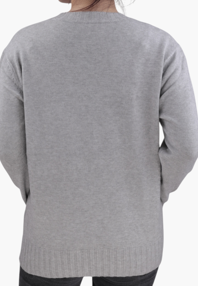 Falio women's grey crew neck sweater made from a soft wool, viscose, and cashmere blend, shown from the back.