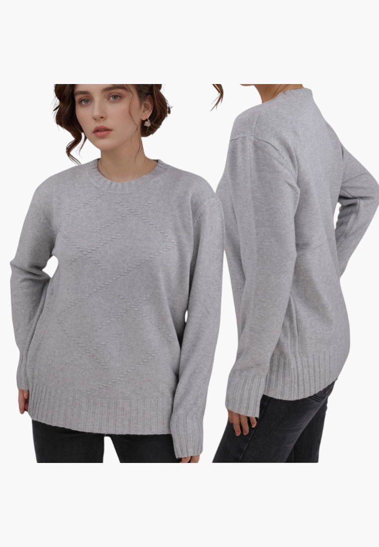 Falio grey women's sweater with a round neckline, diamond pattern texture, and ribbed cuffs in a minimalist style.