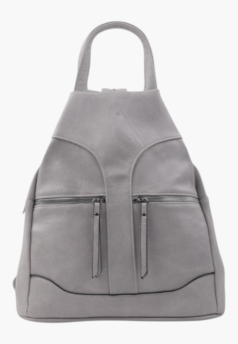 Falio grey urban women's backpack made of eco-leather with zippered compartments and a sleek minimalist design.