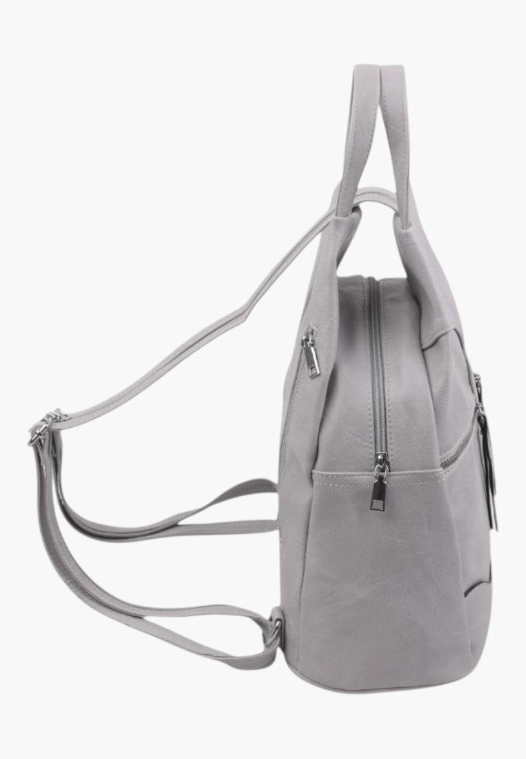 Falio grey urban backpack made of eco-leather with a zippered closure and side view profile
