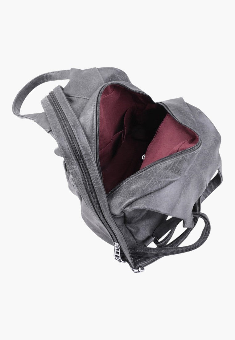 Falio grey faux leather city backpack with a spacious interior, burgundy lining, and secure zipper closure.