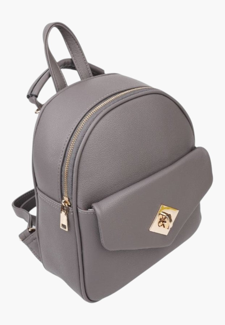 Falio grey faux leather urban backpack with gold hardware, front pocket, and zip closure for daily use.