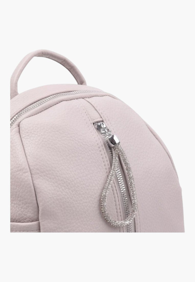 Falio grey faux leather urban backpack with a decorative rhinestone zipper pull detail