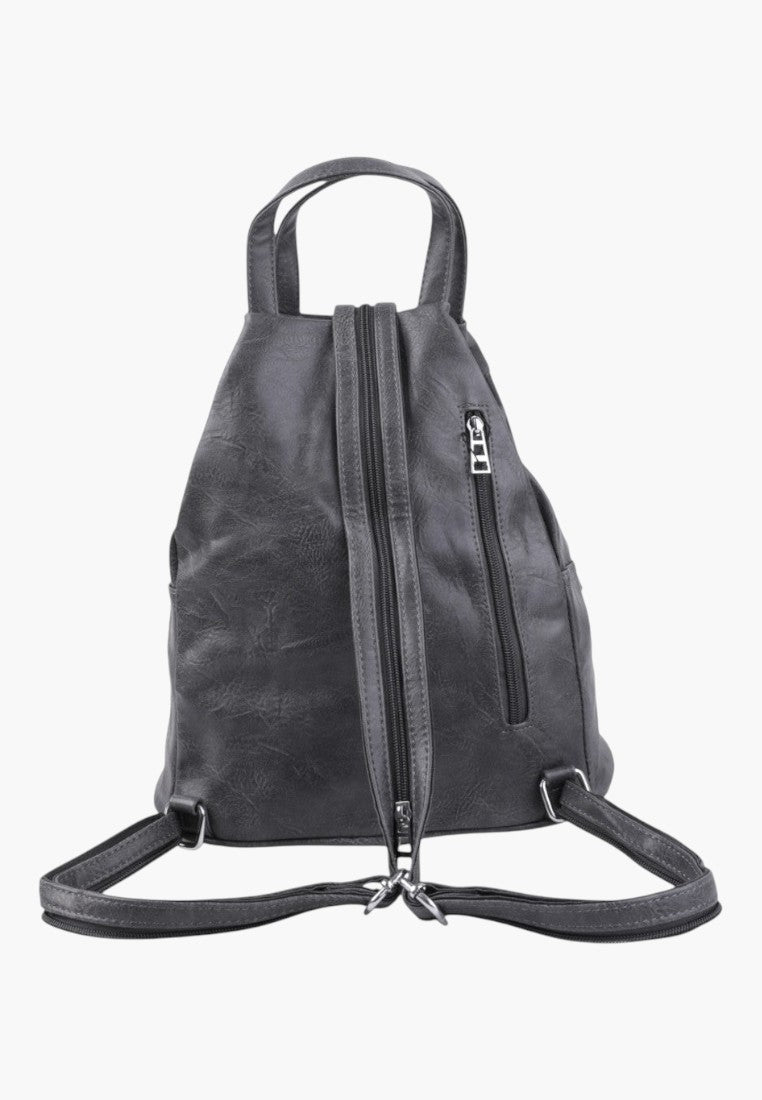 Falio grey faux leather urban backpack with a zippered back compartment and adjustable straps for daily use
