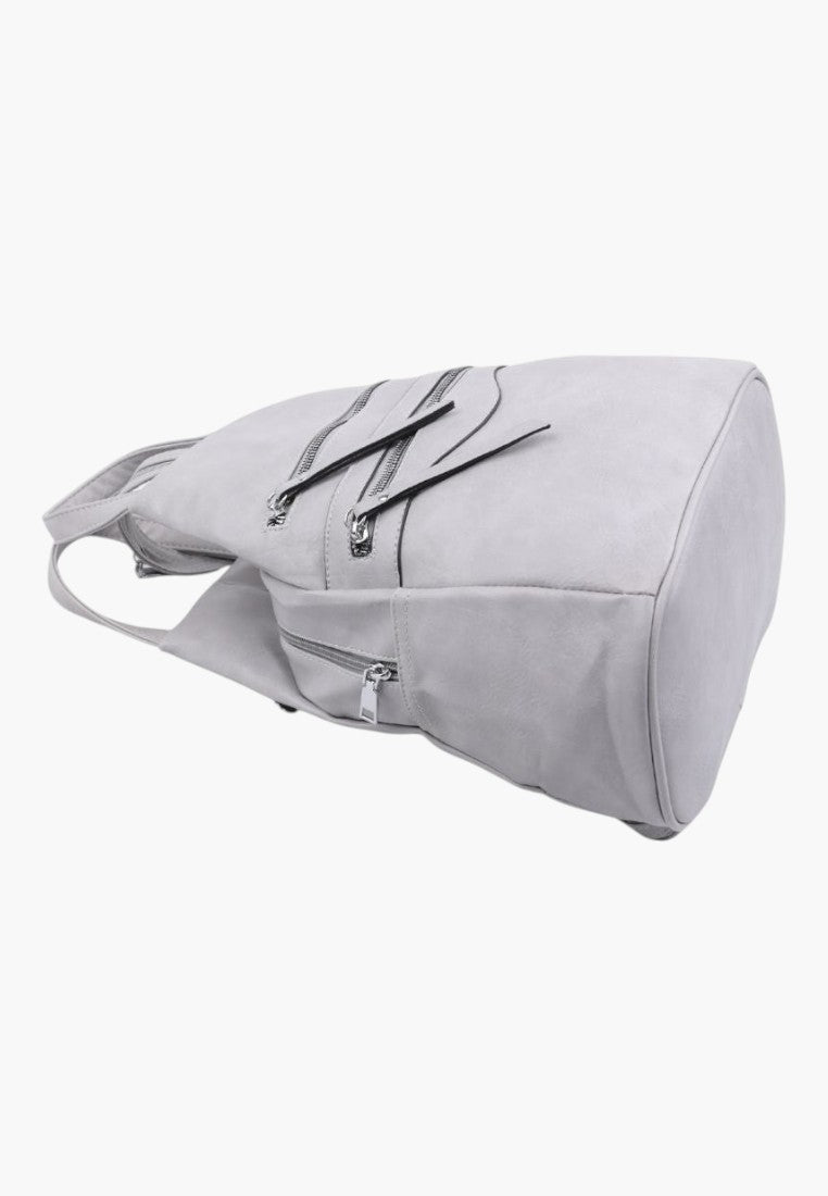 Falio grey faux leather urban backpack with multiple zippered pockets and 16L capacity, shown from a side angle.