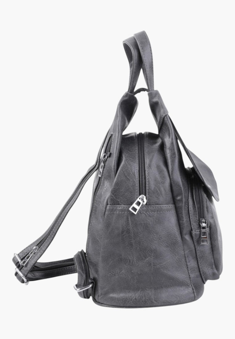 Falio grey faux leather urban backpack with multiple zippered pockets and A4 capacity, side view