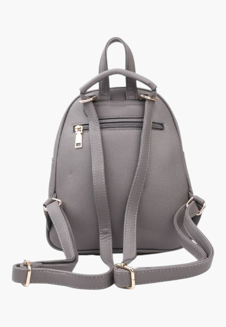Falio grey faux leather urban backpack with adjustable straps, multiple zippered compartments, and gold hardware.